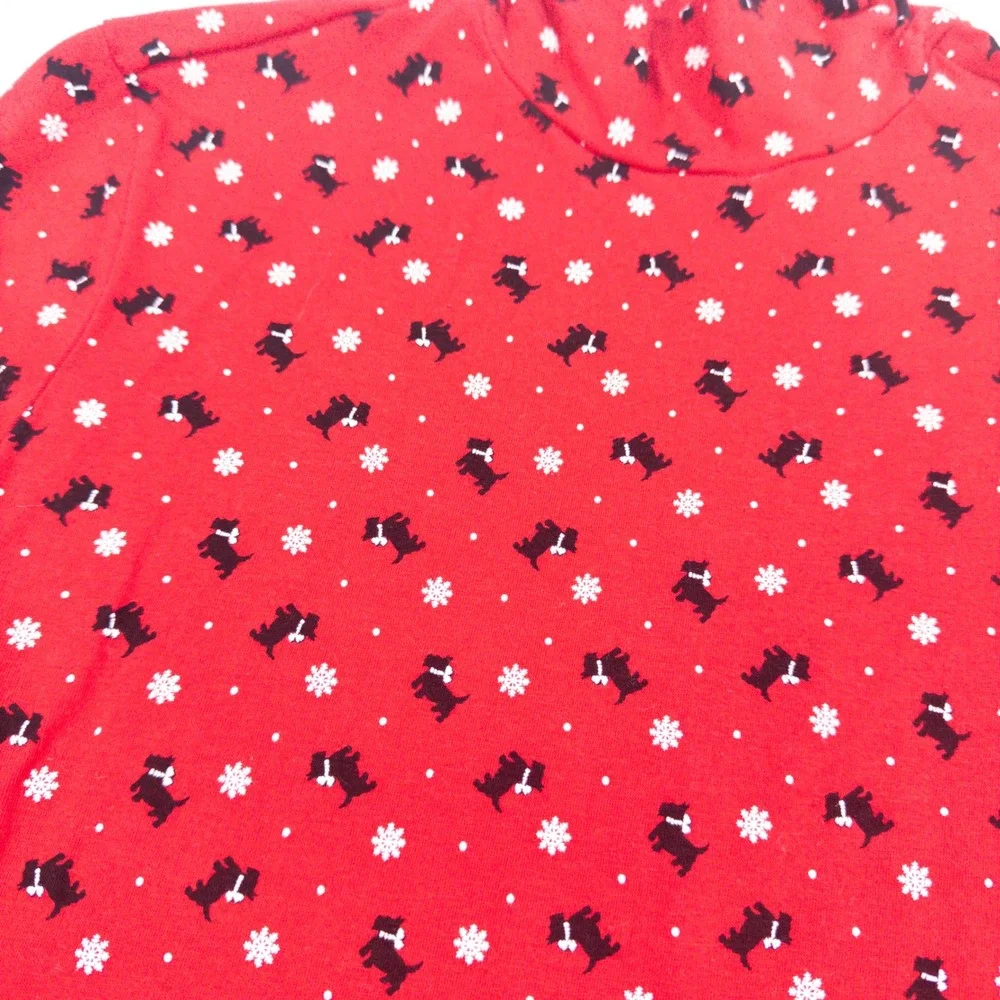 90s Womens Red Scottie Dog Print Turtleneck White Stag Long Sleeve Top L/G - Picture 3 of 8